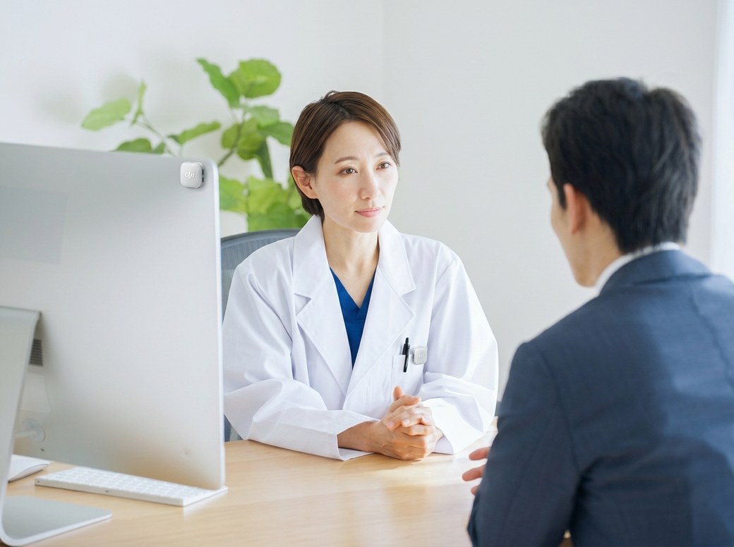 診察室での配置例：先生の襟元・胸ポケットと、患者さん側（モニター付近）に小型送信機を配置